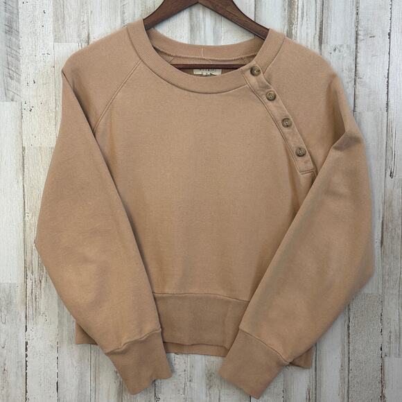 Madewell Miles Sweatshirt Medium Tan Crew Boxy Crop Button Preppy Loungewear - Picture 1 of 8